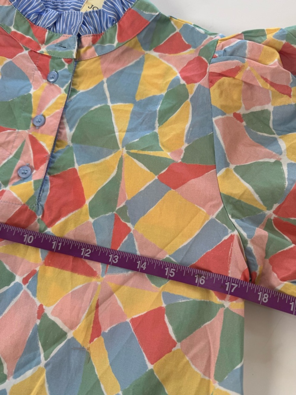 JODIFL Striped Blue Ruffle-Neck Top with Pastel Geometric Print Small - Picture 7 of 7